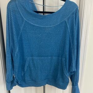 We The Free Blue Waffle-Knit Scoop Neck Pullover